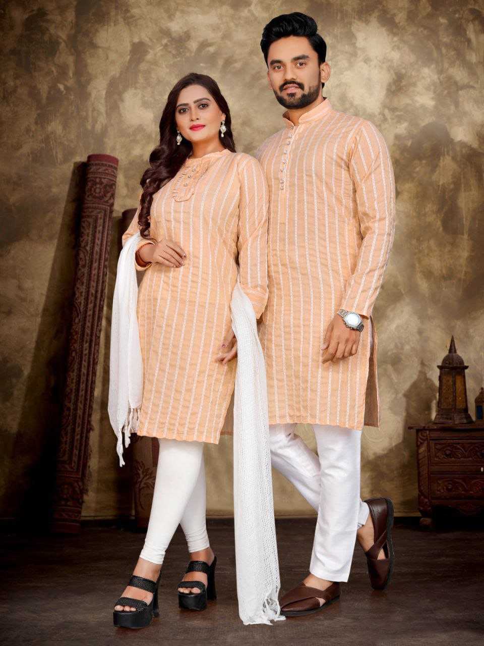 YNF COTTON RIN191 Madhu-Baala COUPLE WEAR WHOLESALE MENS KURTA PAYJAM & FEMALE KURTIS BOTTOM MANUFACTURER- Kapda Export