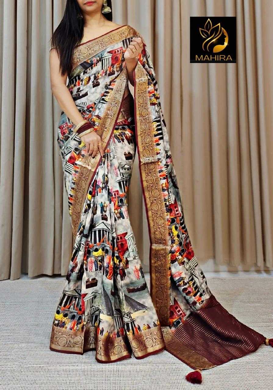 YNF DOLA SILK RIN149 MKD152 SILK SAREES WHOLESALE DOLA SILK ZARI BORDER SILK PRINTED SILK KALAMKARI SILK SAREES MANUFACTURER- Kapda Export