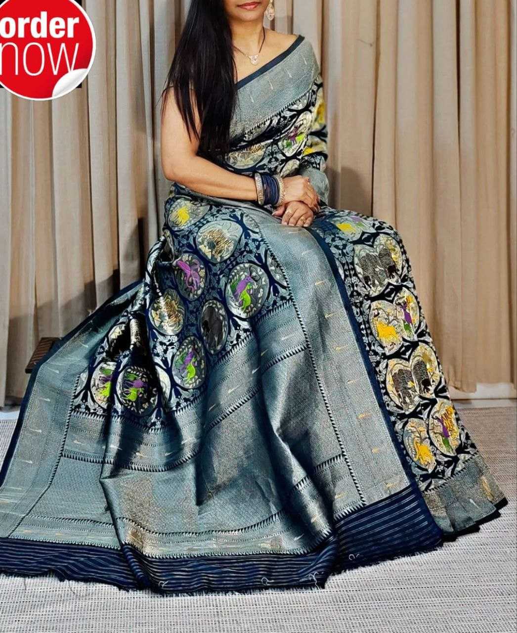 YNF DOLA SILK RIN165 RRI10 SILK SAREES WHOLESALE DOLA SILK ZARI BORDER SILK POCHAMAPALLY PRINTED SILK SAREES MANUFACTURER- Kapda Export