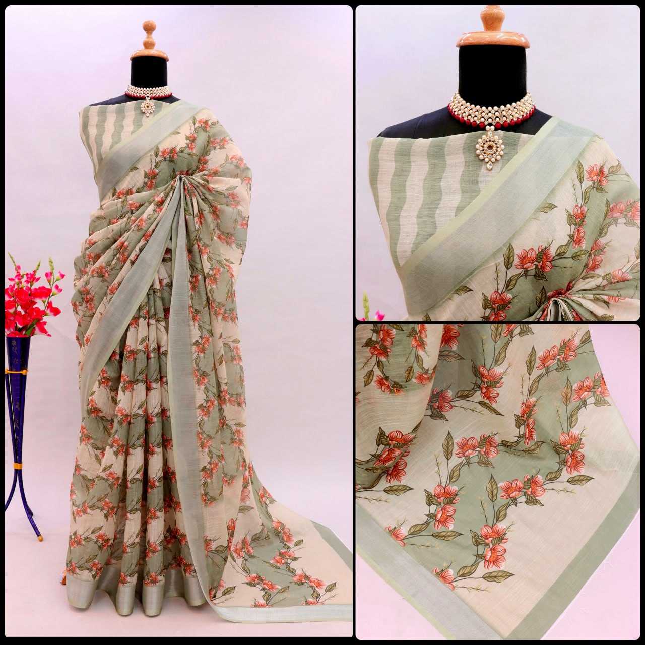 YNF LINEN KESH255 ETF03 SAREES WHOLESALE TRADITIONA PRINTED ZARI BORDER LINEN SAREES MANUFACTURER- Kapda Export