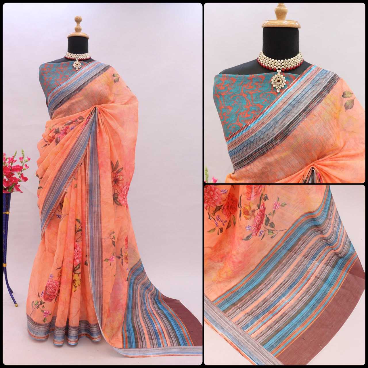 YNF LINEN KESH255 ETF03 SAREES WHOLESALE TRADITIONA PRINTED ZARI BORDER LINEN SAREES MANUFACTURER- Kapda Export