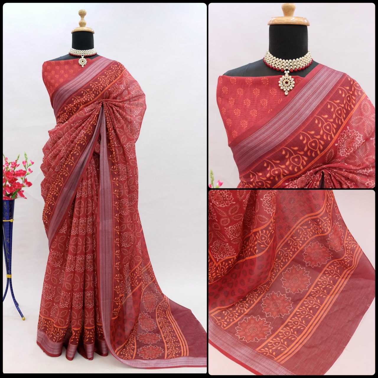 YNF LINEN KESH255 ETF03 SAREES WHOLESALE TRADITIONA PRINTED ZARI BORDER LINEN SAREES MANUFACTURER- Kapda Export