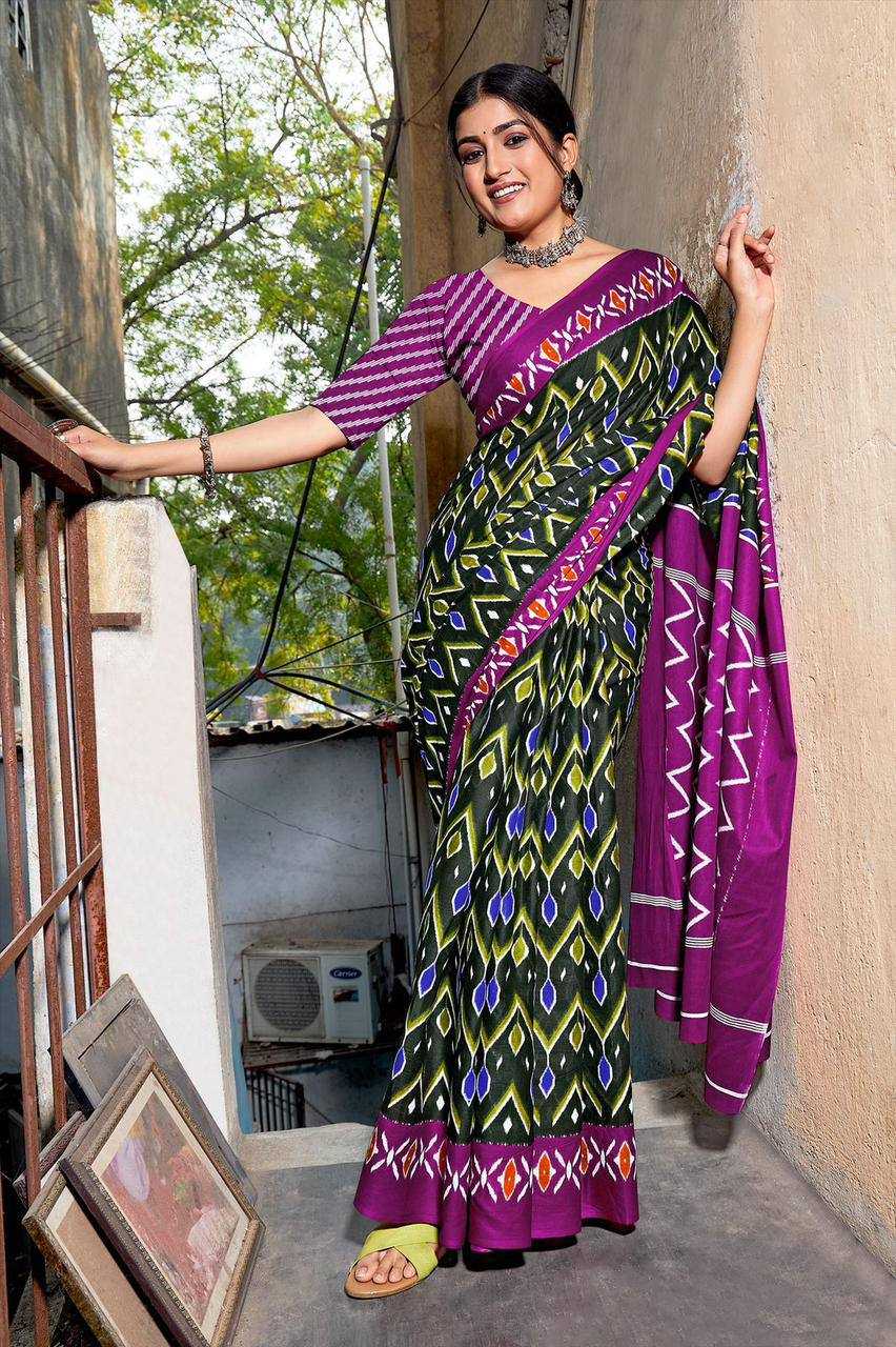 YNF PURE COTTON KESH244  IKKAT FUNDA SAREES WHOLESALE BLOCK PRINTED COTTON LADIES OFFICE WEAR SAREES MANUFACTURER- Kapda Export