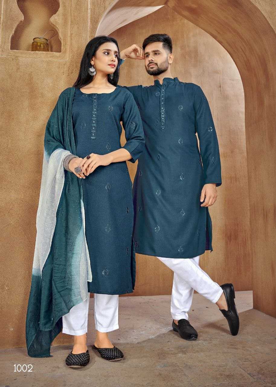 YNF PURE COTTON KESH246 Couple Goal V-2 COUPLE WEAR WHOLESALE MENS KURTA PAYJAM & FEMALE KURTIS BOTTOM MANUFACTURER- Kapda Export