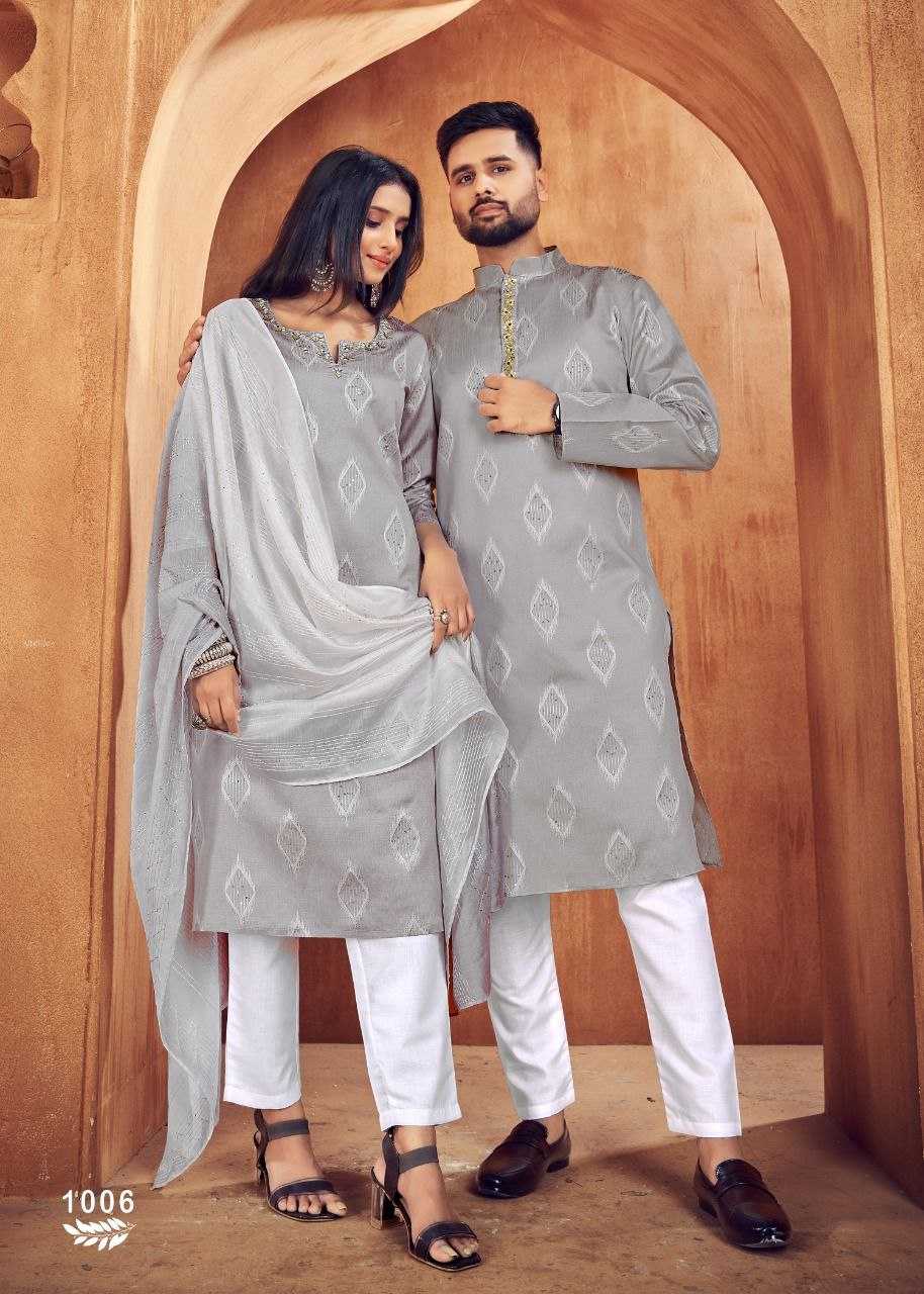 YNF PURE COTTON KESH246 Royal Couple V-11 COUPLE WEAR WHOLESALE MENS KURTA PAYJAM & FEMALE KURTIS BOTTOM MANUFACTURER- Kapda Export