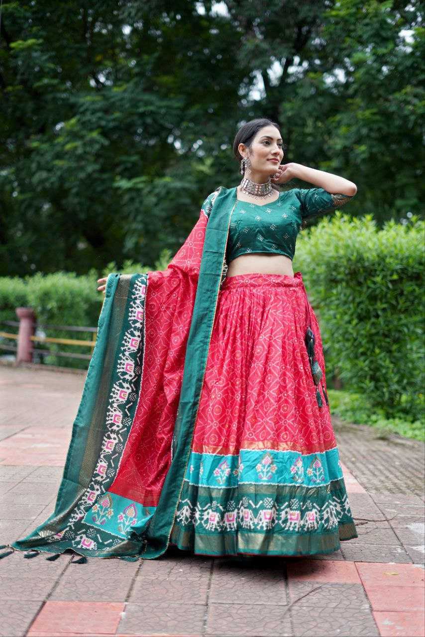 YNF TUSSAR SILK KESH187 Ekta bandhni LEHENGAS WHOLESALE TRADITIONAL SILK PRINTED RED LEHENGA WITH DUPTTA WEDDING LEHENGAS MANUFACTURER- Kapda Export