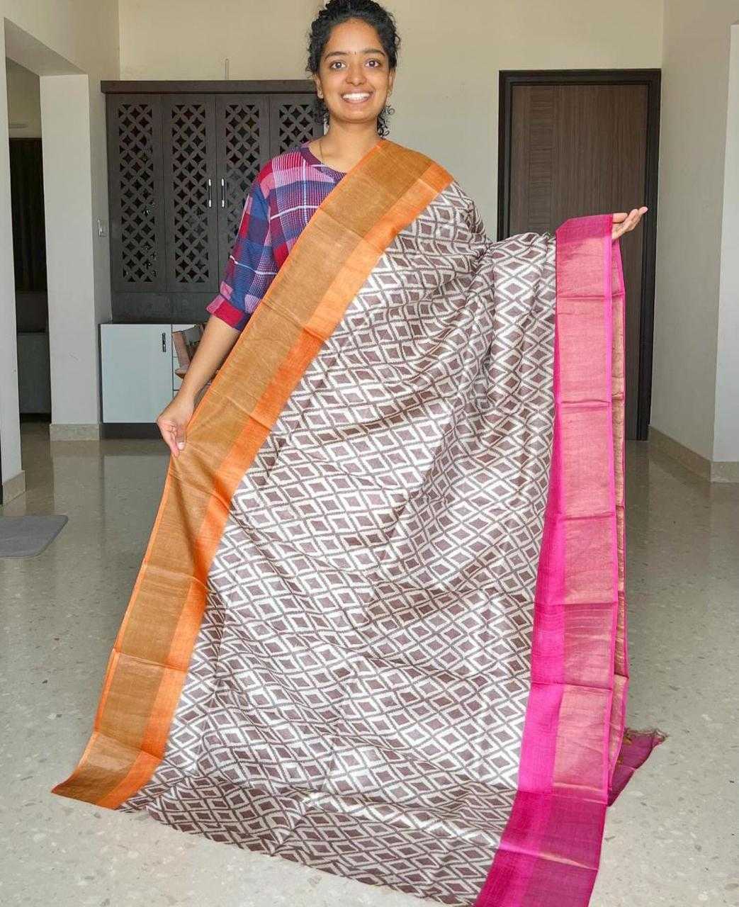 YNF TUSSAR SILK RIN149 MKD149 SILK SAREES WHOLESALE TUSSAR SILK ZARI BORDER SILK PRINTED SILK HANDLOOM SAREES MANUFACTURER- Kapda Export