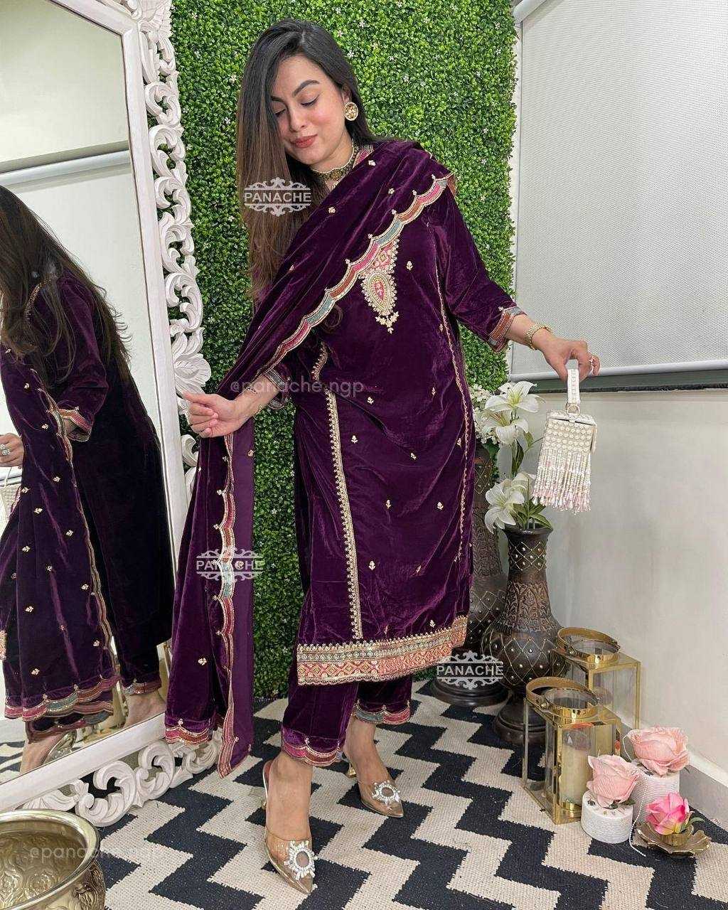 YNF VELVET RIN1411894A SUITS & DRESSES WHOLESAL PAKISTANI EMBROIDERY VELVET WEDDING SUITS MANUFACTURE- Kapda Export