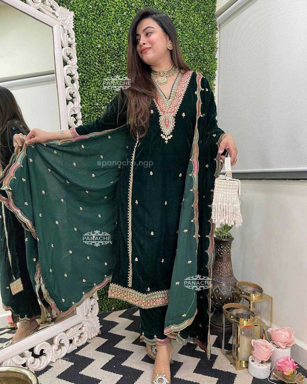 YNF VELVET RIN1411894A SUITS & DRESSES WHOLESAL PAKISTANI EMBROIDERY VELVET WEDDING SUITS MANUFACTURE- Kapda Export