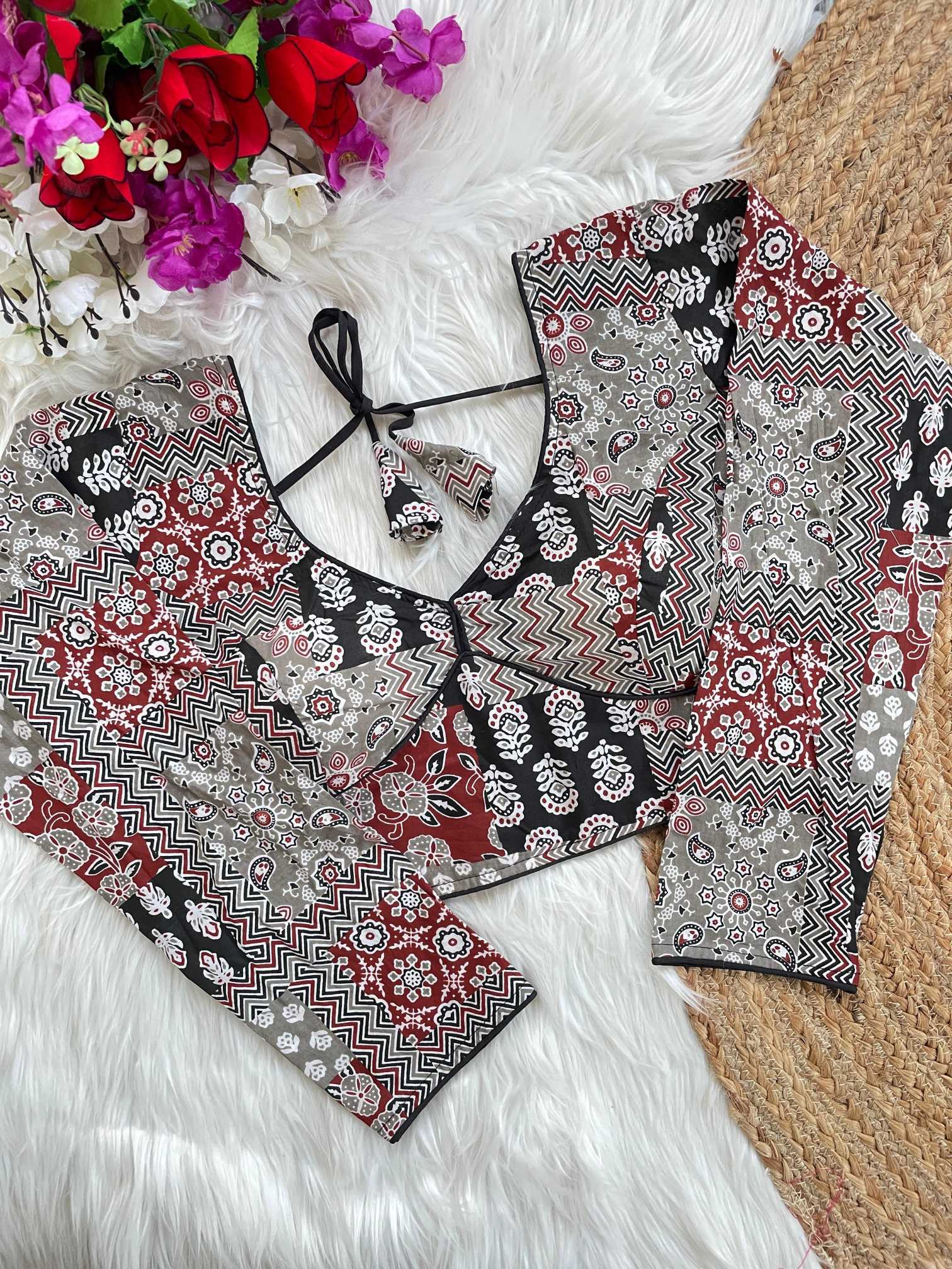 Ynf Cotton KESH426 Ajrakh full Readymade Blouses Wholesale V-Neck Blouses Printed Cotton Blouses Manufacturer- Kapda Export