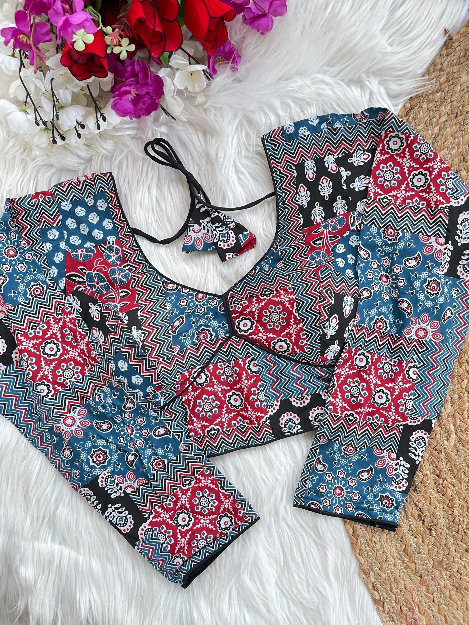Ynf Cotton KESH426 Ajrakh full Readymade Blouses Wholesale V-Neck Blouses Printed Cotton Blouses Manufacturer- Kapda Export