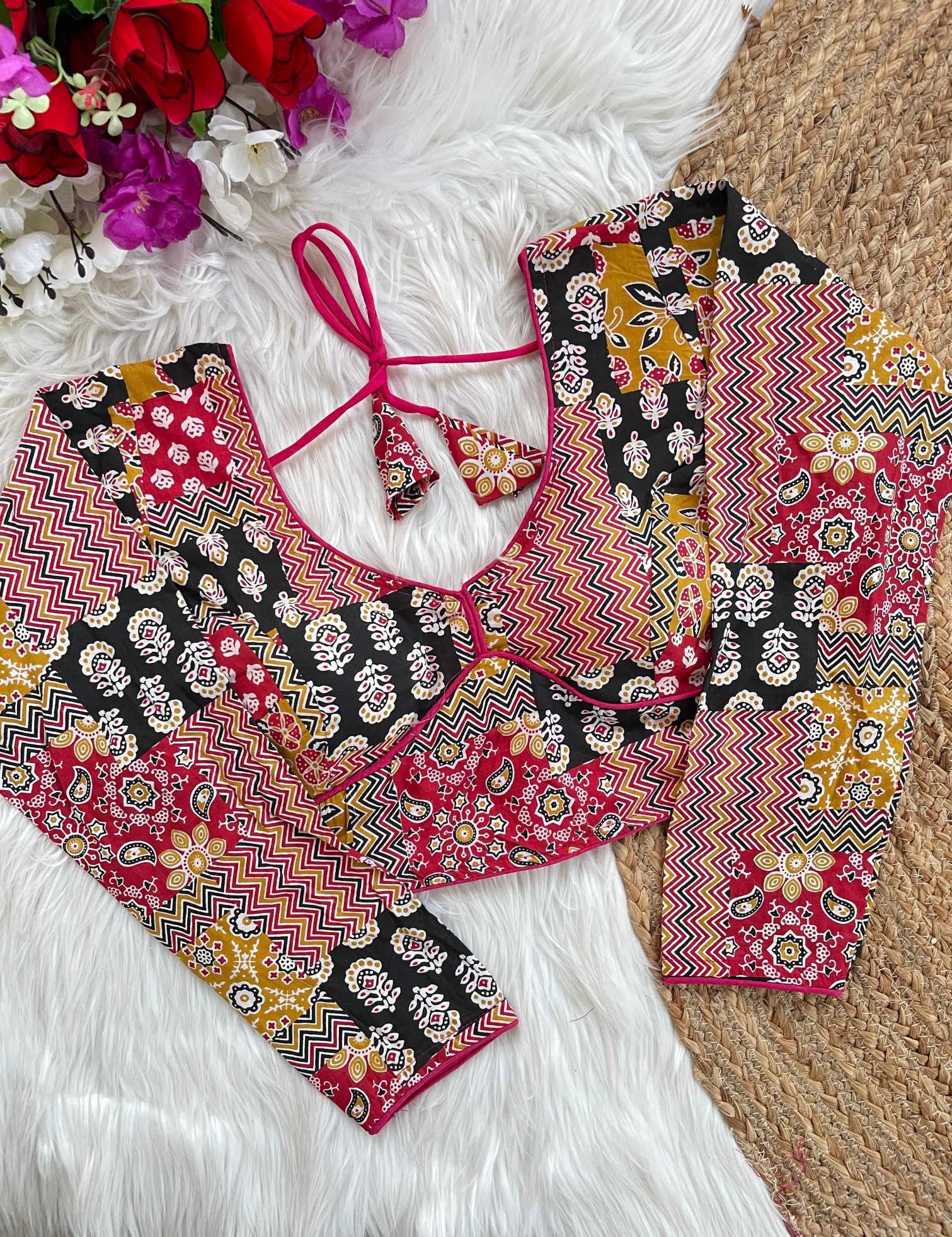 Ynf Cotton KESH426 Ajrakh full Readymade Blouses Wholesale V-Neck Blouses Printed Cotton Blouses Manufacturer- Kapda Export