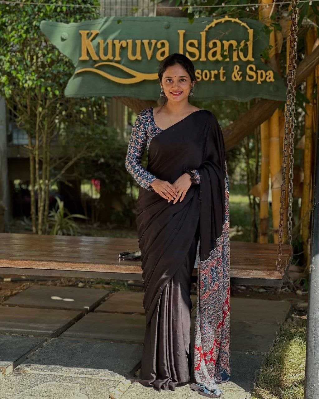 Ynf Satin RIN207 2268 Sarees Wholesale Printed Sarees Ajrakh Sarees Satin Sarees Manufacturer- Kapda Export