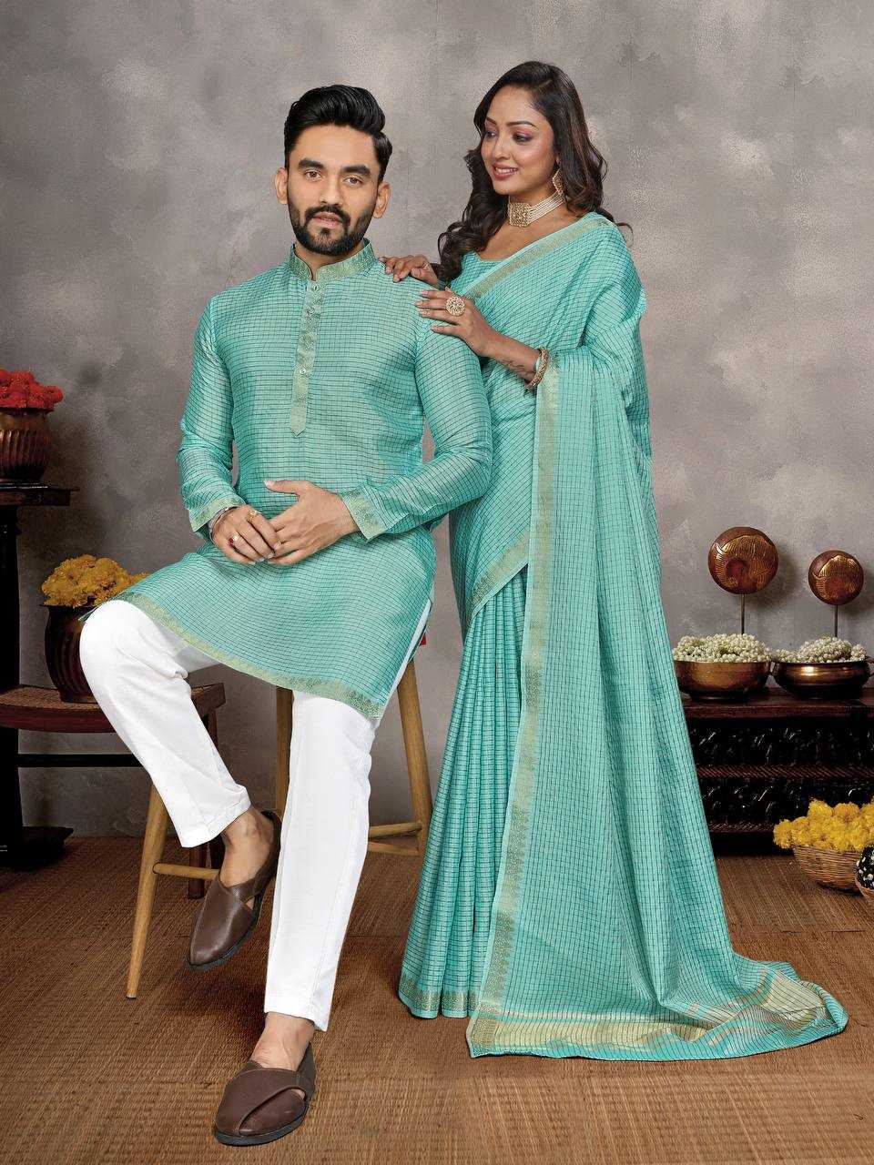 Ynf Jacquard KESH620 Man~Mohini-2 Couple Wear Wholesale Couple Matching Ethnic Outfits Couple Kurta Pajama and Saree Sets Party Wear Couple Ethnic Collection Manufacturer- Kapda Export