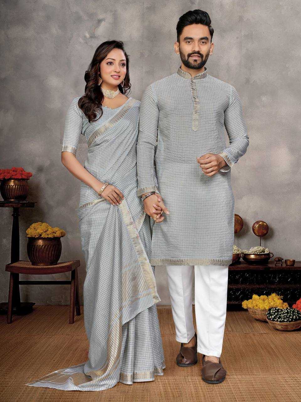 Ynf Jacquard KESH620 Man~Mohini-2 Couple Wear Wholesale Couple Matching Ethnic Outfits Couple Kurta Pajama and Saree Sets Party Wear Couple Ethnic Collection Manufacturer- Kapda Export