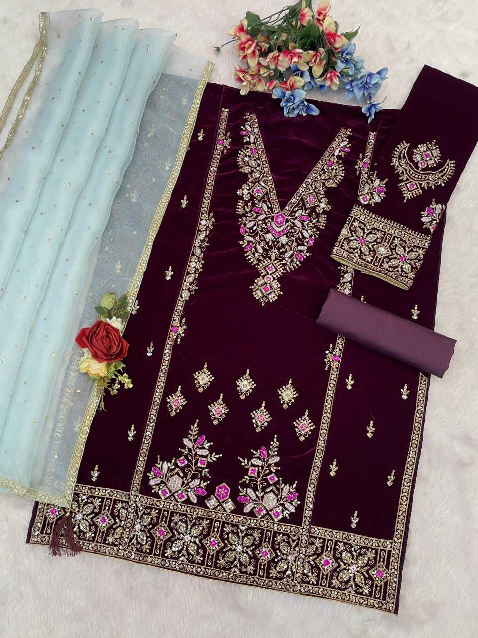 Ynf Velvet RIN131 TAWAKKAL 1320 Suits & Dresses Wholesale Unstitched Suits Velvet Suits Embroidery Suits Semi Stitched Suits Manufacturer- Kapda Export