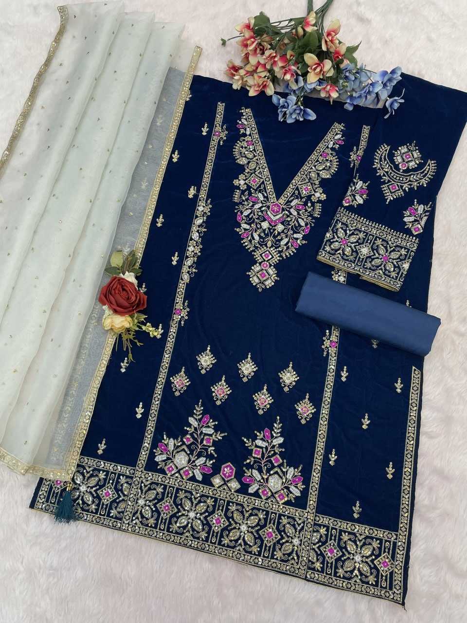 Ynf Velvet RIN131 TAWAKKAL 1320 Suits & Dresses Wholesale Unstitched Suits Velvet Suits Embroidery Suits Semi Stitched Suits Manufacturer- Kapda Export