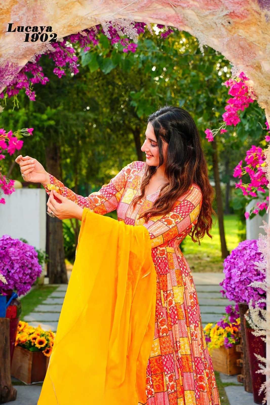 Ynf Heavy Rayon KESH530 LUCAYA VOL-19 1901 Gowns Wholesale Fancy Gowns Full Sleeve Gowns Lehenga Style Gown Manufacturer- Kapda Export