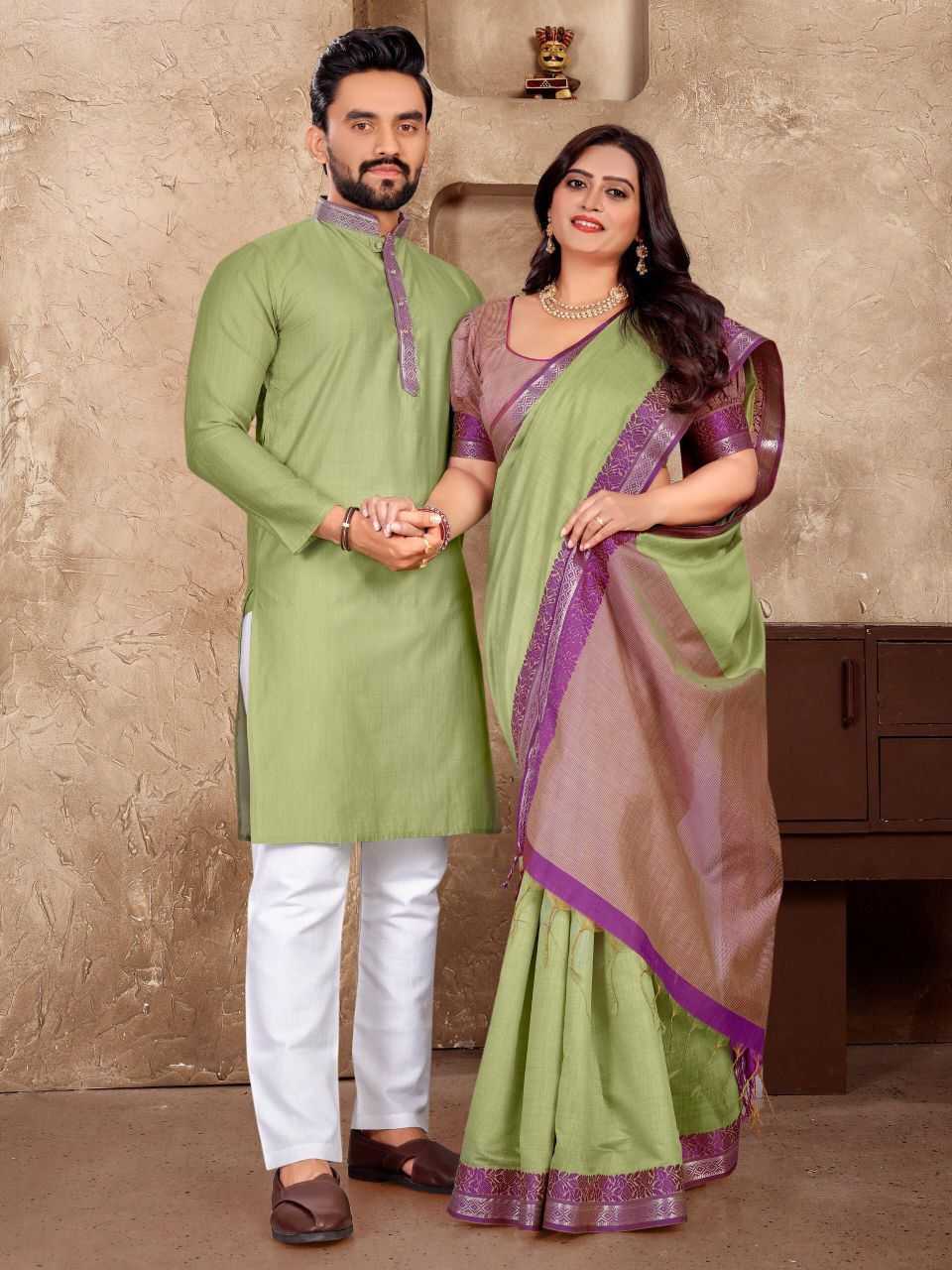 Ynf Linen KESH530 M-1 Couple Wear Wholesale Couple Kurta Pajama and Saree Sets Manufacturer- Kapda Export