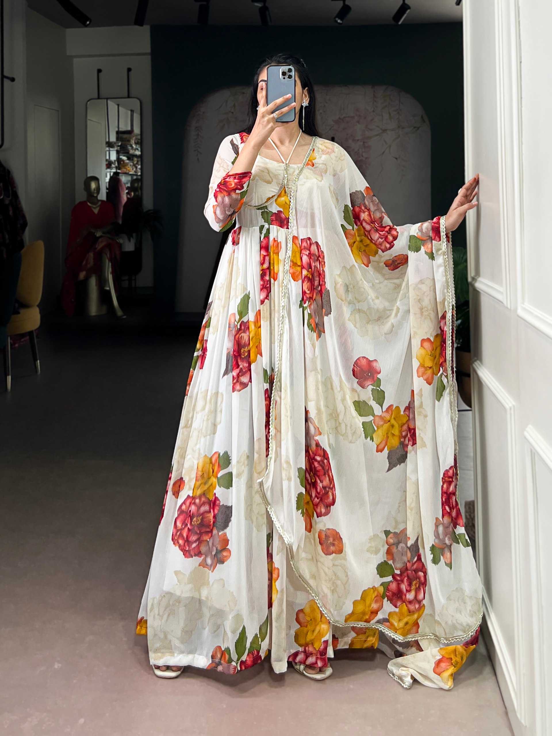 Ynf Chiffon KESH134 5103 Gowns Festive Collections Wholesale Gown With Dupatta Chiffon Gowns Floral Print Gowns Manufacturer- Kapda Export