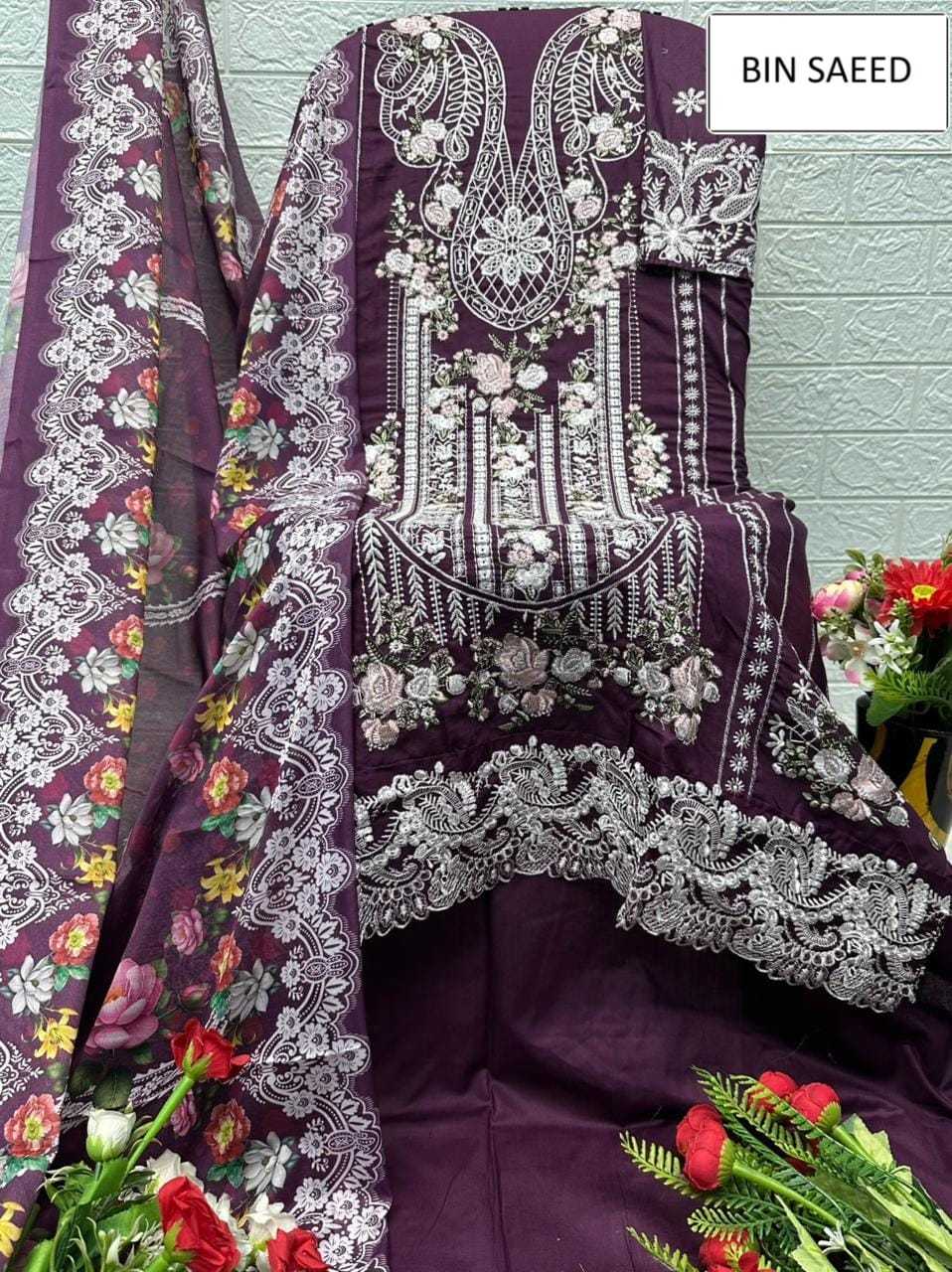 Ynf Cotton KESH677 BIN SAEED 15068 Suits & Dresses Wholesale Ladies Suits Embroidery Suits Palazzo Suit Semi-Stitched Suits Manufacturer- Kapda Export