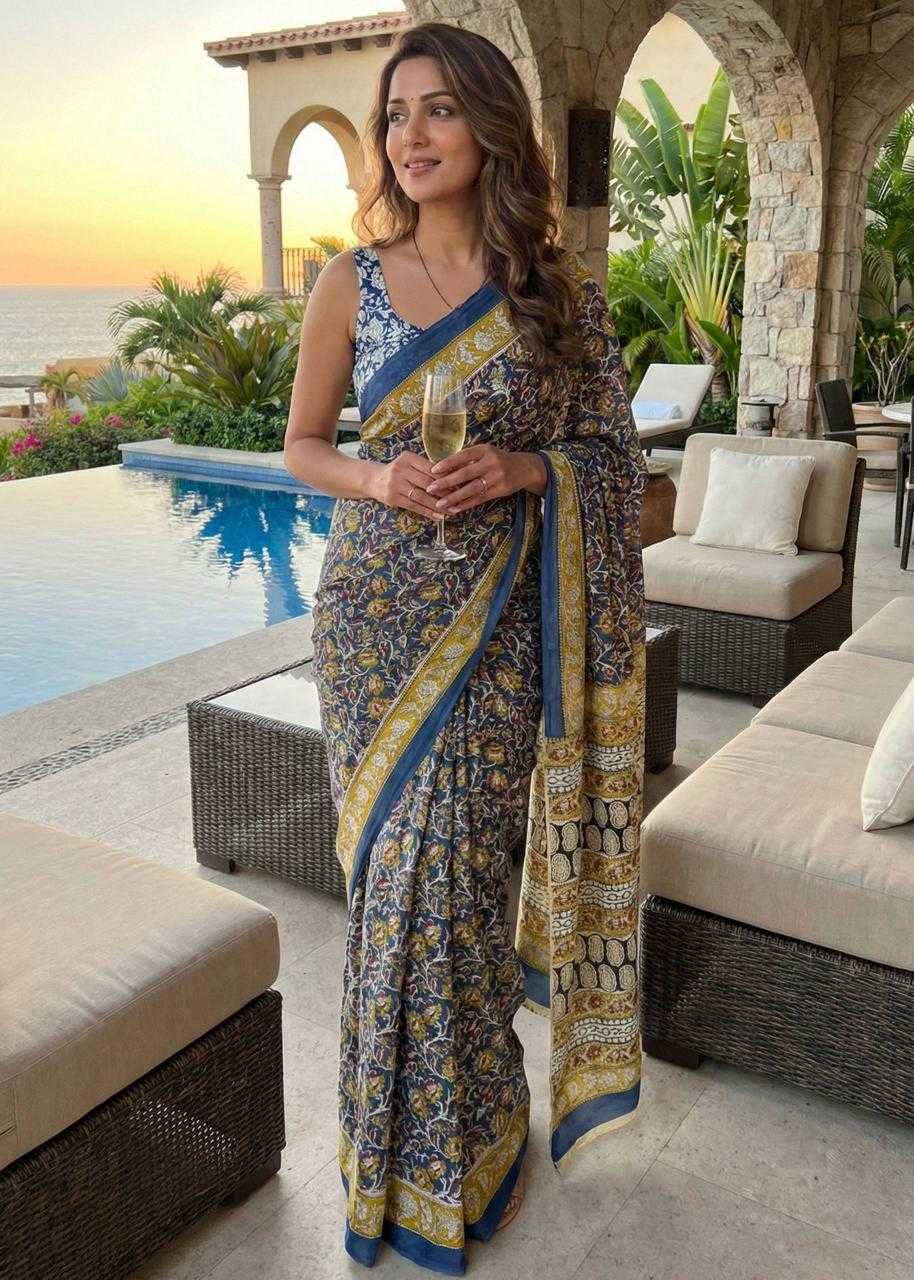 Ynf Cotton RIN229 arjun Sarees Wholesale Block Print Sarees Kalamkari Sarees Mulmul Cotton Sarees Manufacturer- Kapda Export