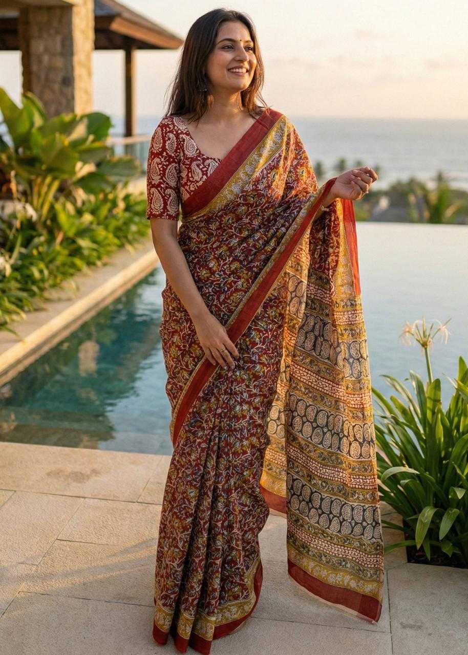 Ynf Cotton RIN229 arjun Sarees Wholesale Block Print Sarees Kalamkari Sarees Mulmul Cotton Sarees Manufacturer- Kapda Export