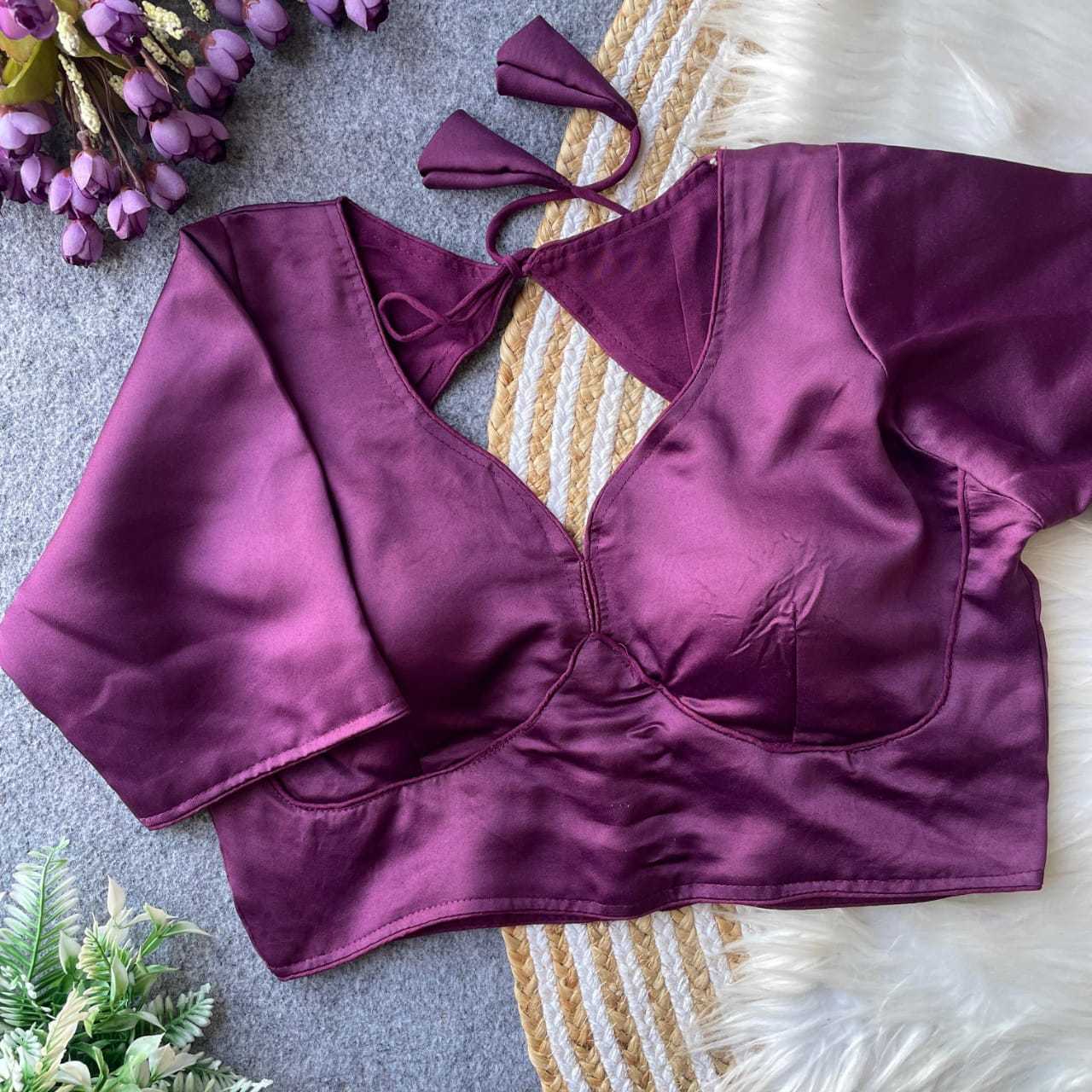 Ynf Malay Satin Silk KESH411 MALAI Readymade Blouses Wholesale V-Neck Blouses Printed Blouse Designer Blouse Manufacturer- Kapda Export