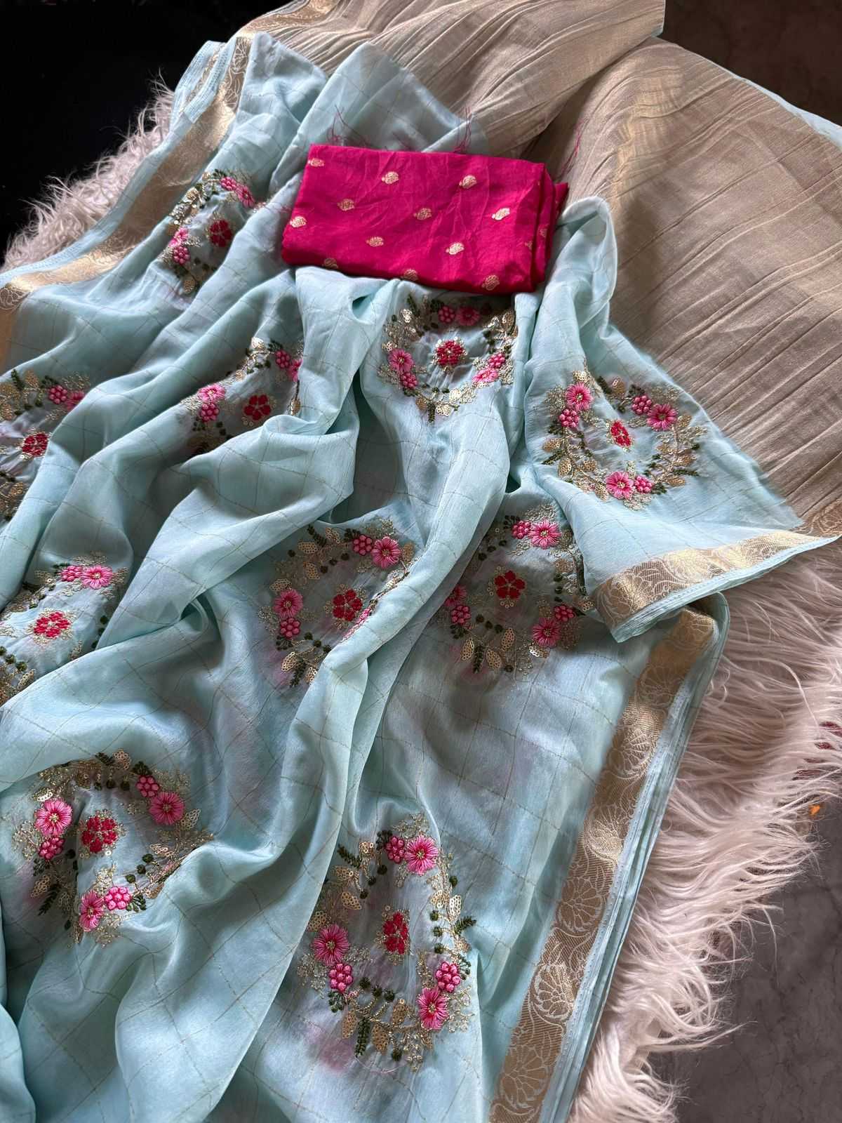 Ynf Chinon KESH676 103 Sarees Festive Collections Wholesale Embroidered Sarees Viscose Saree Sarees With Blouse Manufacturer- Kapda Export