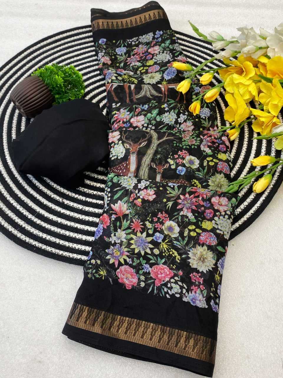 Ynf Cotton KESH554 HIRAN Sarees Wholesale Ajrakh Sarees Kalamkari Sarees Zari Border Sarees Manufacturer- Kapda Export