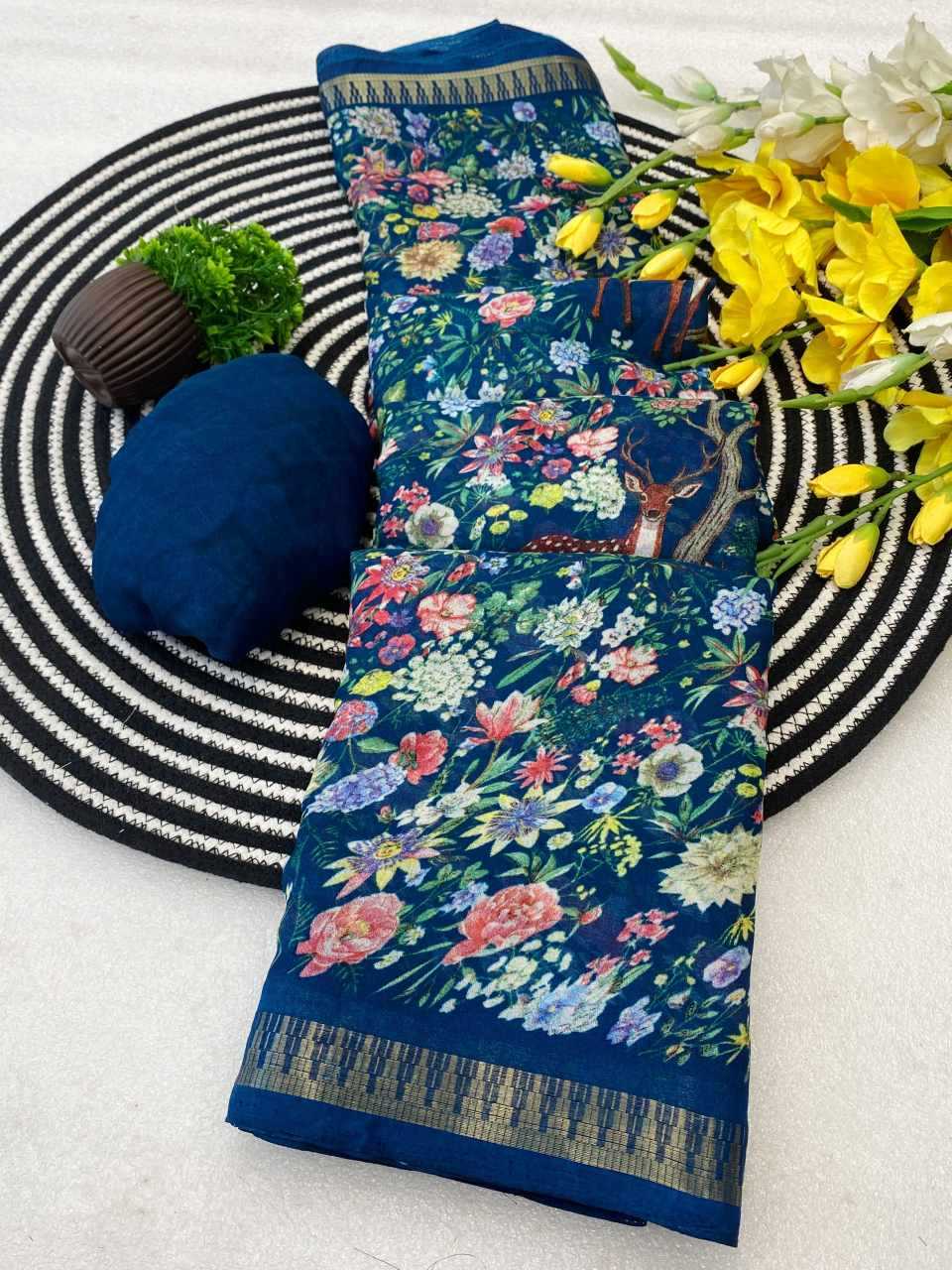 Ynf Cotton KESH554 HIRAN Sarees Wholesale Ajrakh Sarees Kalamkari Sarees Zari Border Sarees Manufacturer- Kapda Export