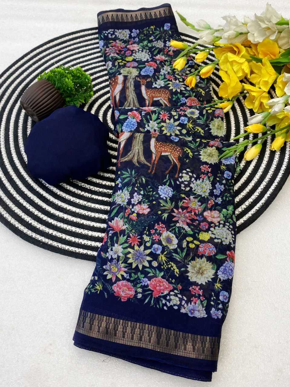 Ynf Cotton KESH554 HIRAN Sarees Wholesale Ajrakh Sarees Kalamkari Sarees Zari Border Sarees Manufacturer- Kapda Export