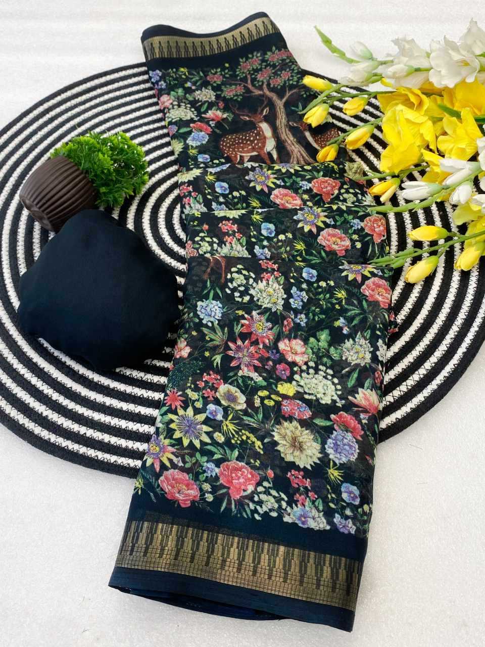 Ynf Cotton KESH554 HIRAN Sarees Wholesale Ajrakh Sarees Kalamkari Sarees Zari Border Sarees Manufacturer- Kapda Export