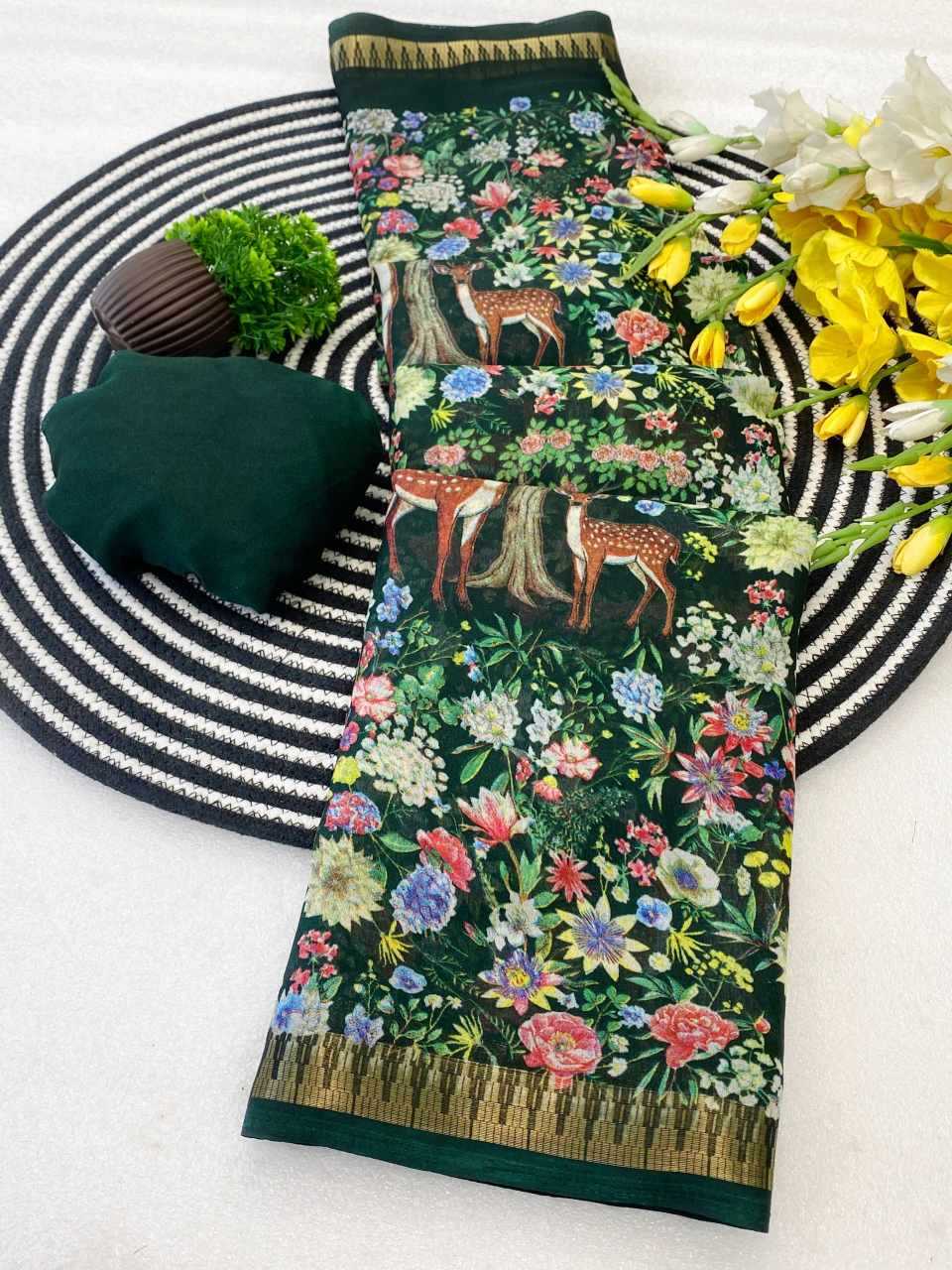 Ynf Cotton KESH554 HIRAN Sarees Wholesale Ajrakh Sarees Kalamkari Sarees Zari Border Sarees Manufacturer- Kapda Export