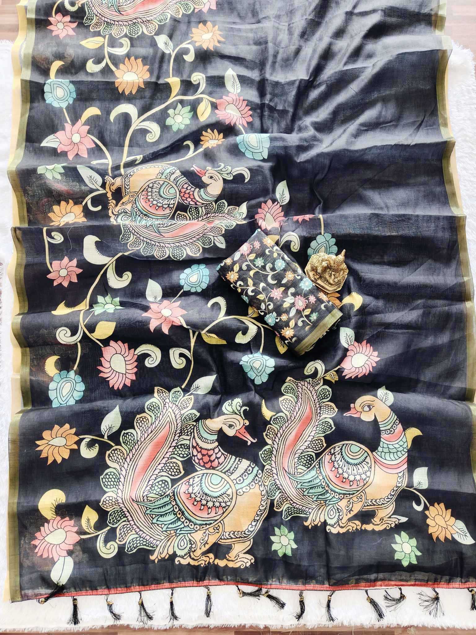 Ynf Linen KESH673 GOLD KALAMKARI Sarees Wholesale Printed Sarees Kalamkari Sarees Linen Sarees Manufacturer- Kapda Export