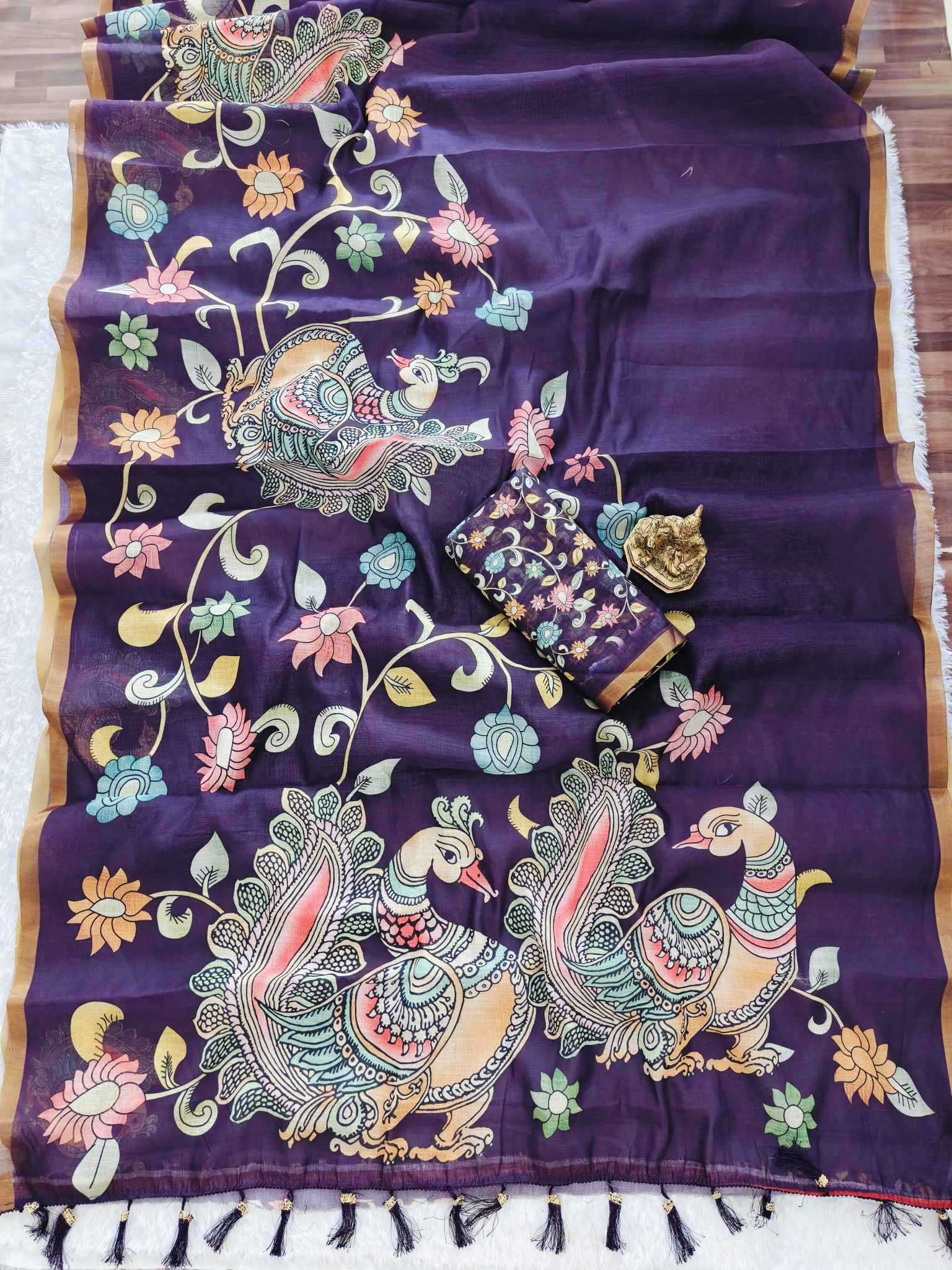 Ynf Linen KESH673 GOLD KALAMKARI Sarees Wholesale Printed Sarees Kalamkari Sarees Linen Sarees Manufacturer- Kapda Export