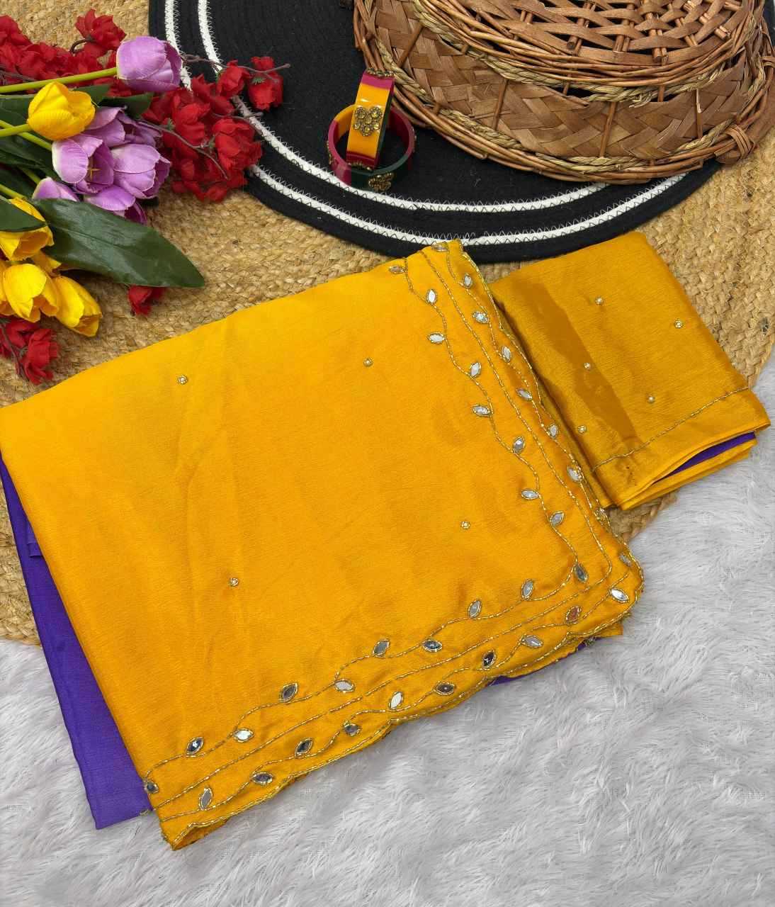 Ynf soft chinon KESH600 Minaxi Sarees Wholesale Hand Work Sarees Cutwork Saree Mirror Work Saree Manufacturer- Kapda Export