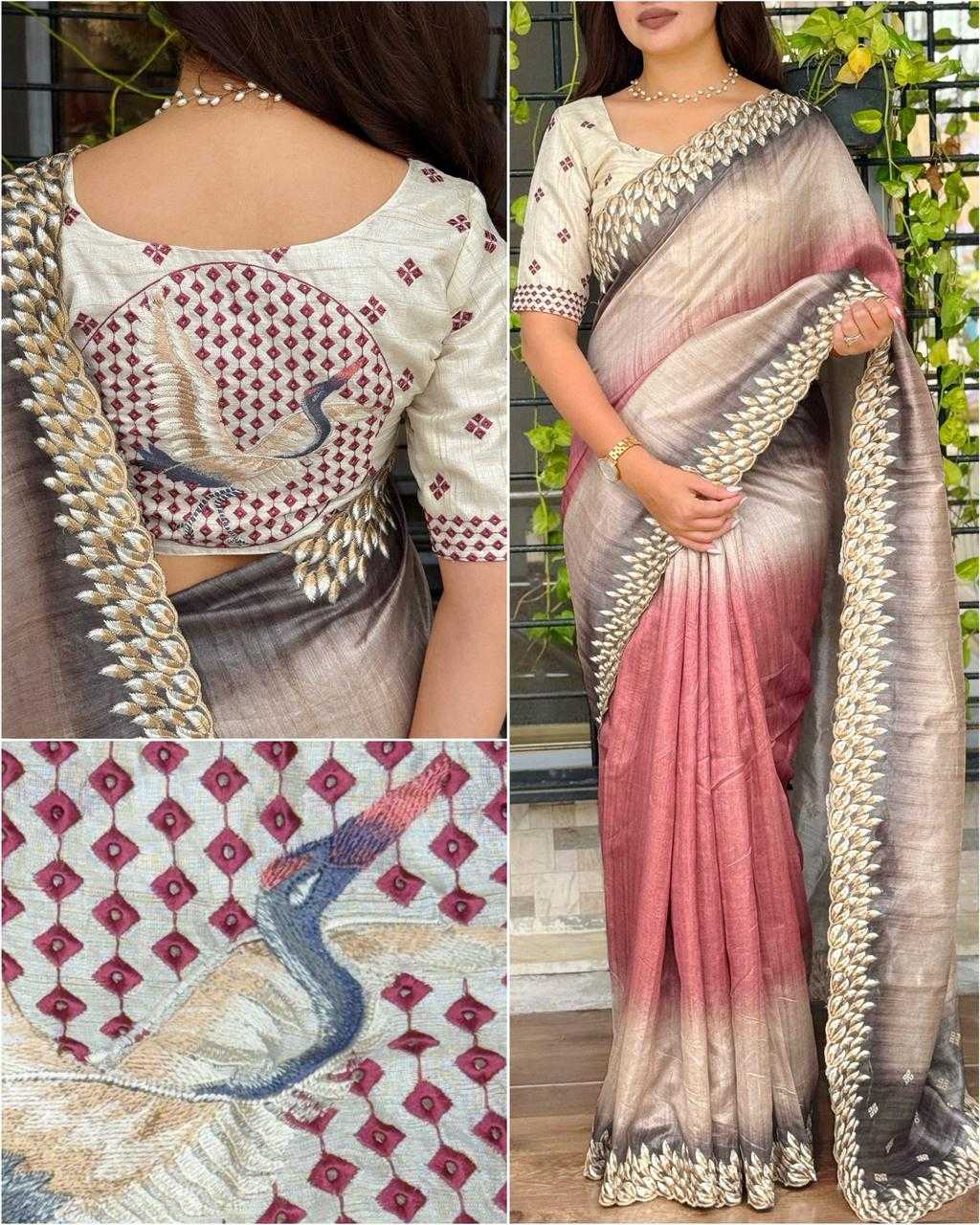 Ynf Tussar Silk KESH501 Flamingo Silk Sarees Wholesale Party Wear Silk Sarees Designer Silk Sarees Embroidered Silk Sarees Manufacturer- Kapda Export