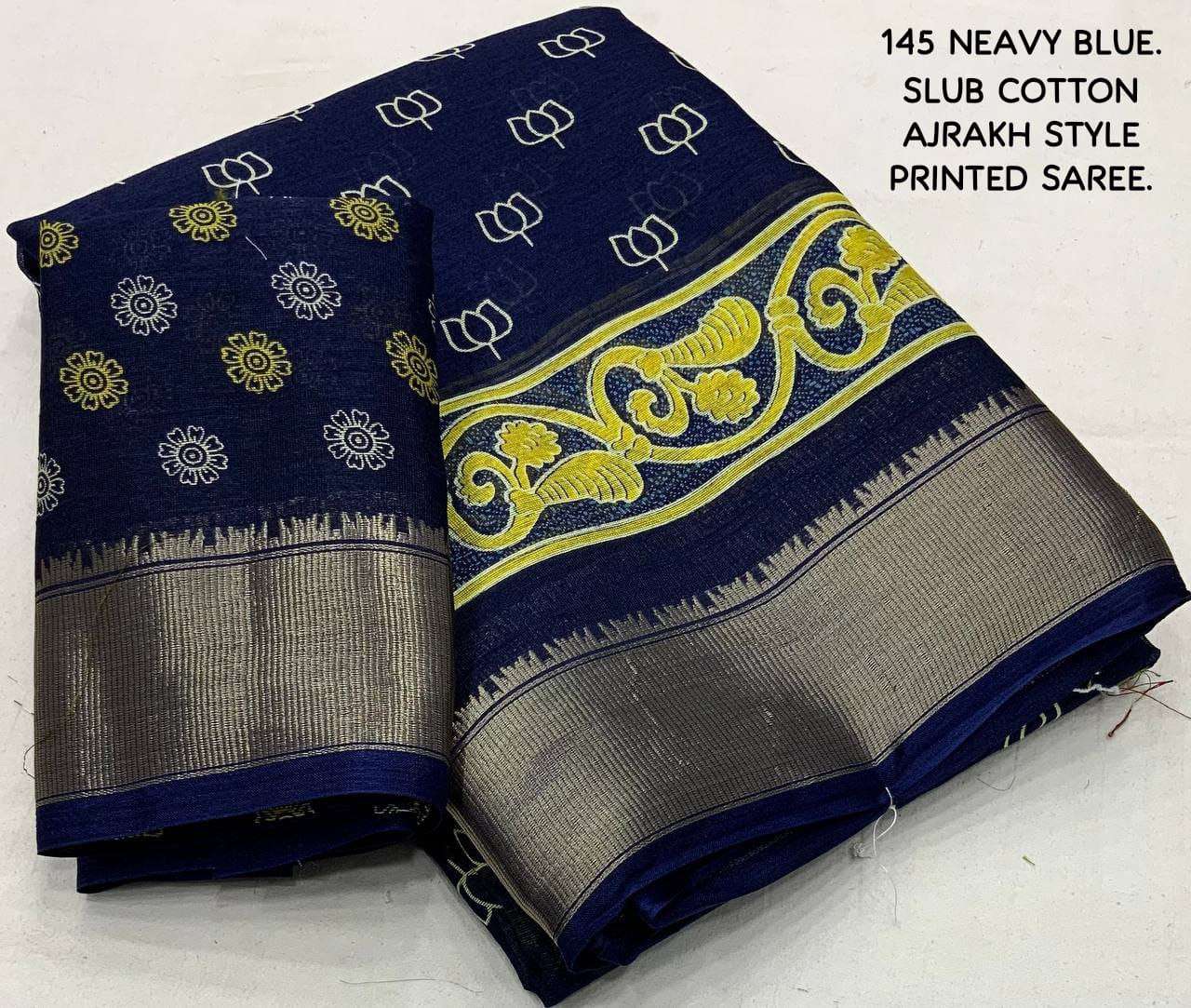 YNF COTTON KESH118 145 SAREES WHOLESALE PRINTED COTTON LINEN AJRAKH ZARI BORDER SAREES MANUFACTURER