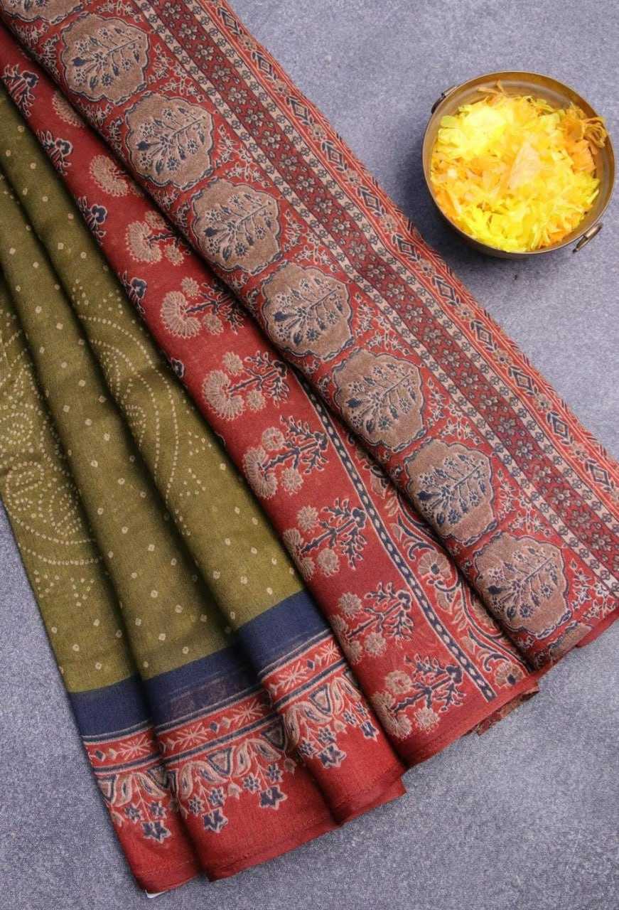 YNF LINEN RIN163 RAE20 SAREES WHOLESALE LADIES AJRAKH BANDHANI BANDHEJ SAREES MANUFACTURER