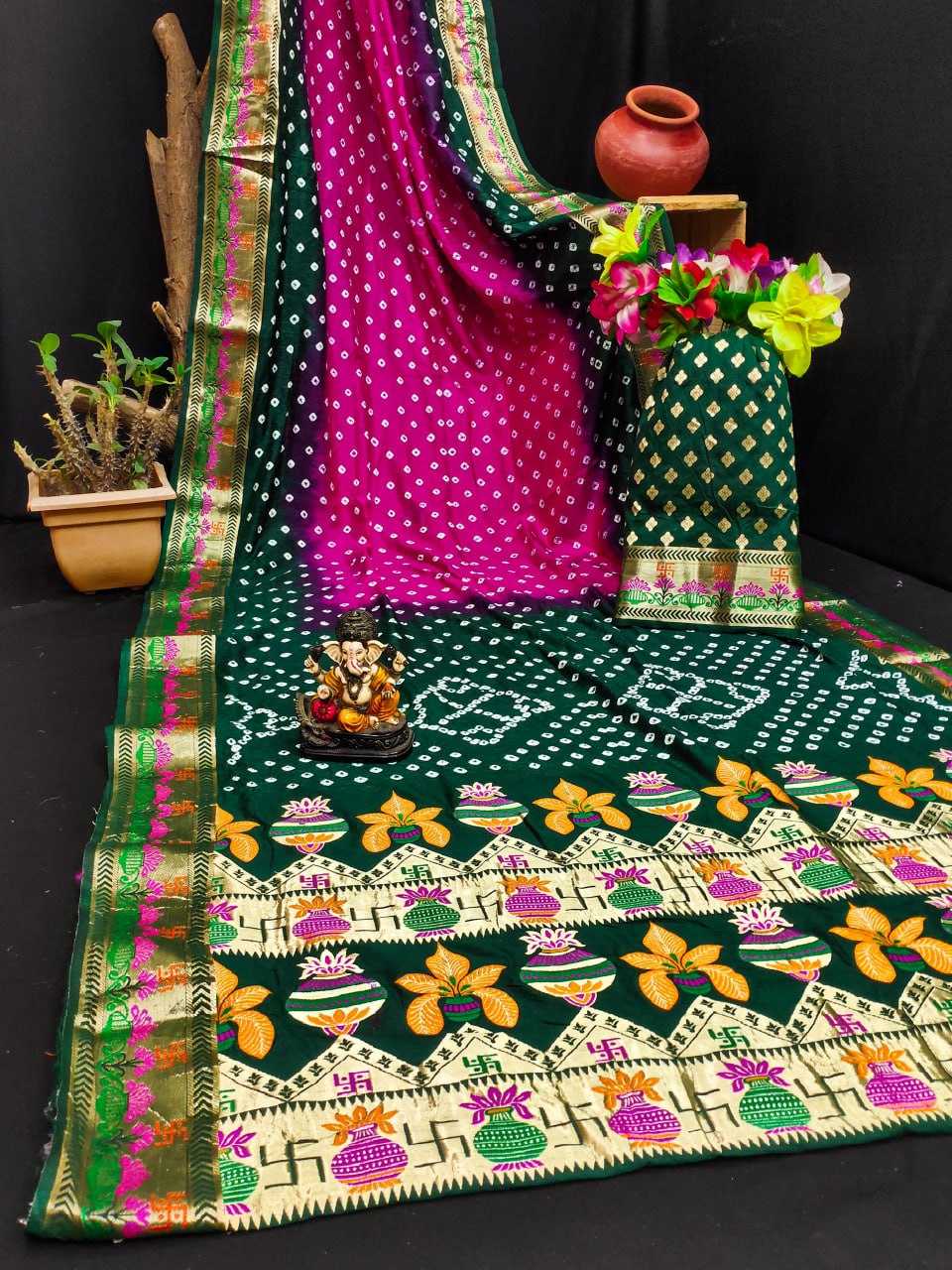 YNF BANDHANI SILK RIN183 SWASTIK SAREES WHOLESALE PRINTED BANDHANI BANDHEJ ZARI BORDER SAREES MANUFACTURER