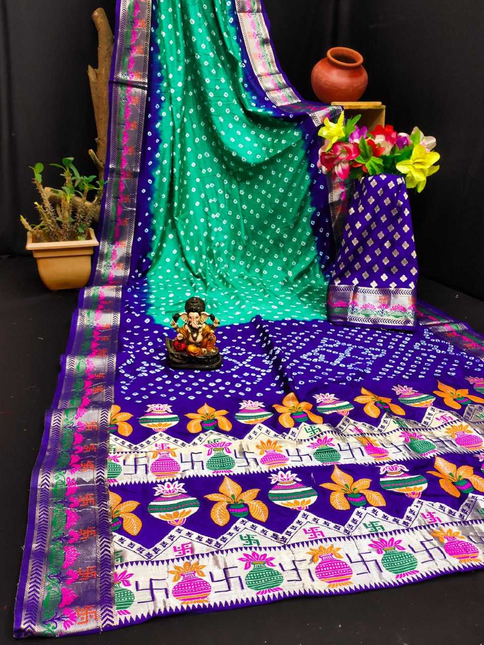 YNF BANDHANI SILK RIN183 SWASTIK SAREES WHOLESALE PRINTED BANDHANI BANDHEJ ZARI BORDER SAREES MANUFACTURER