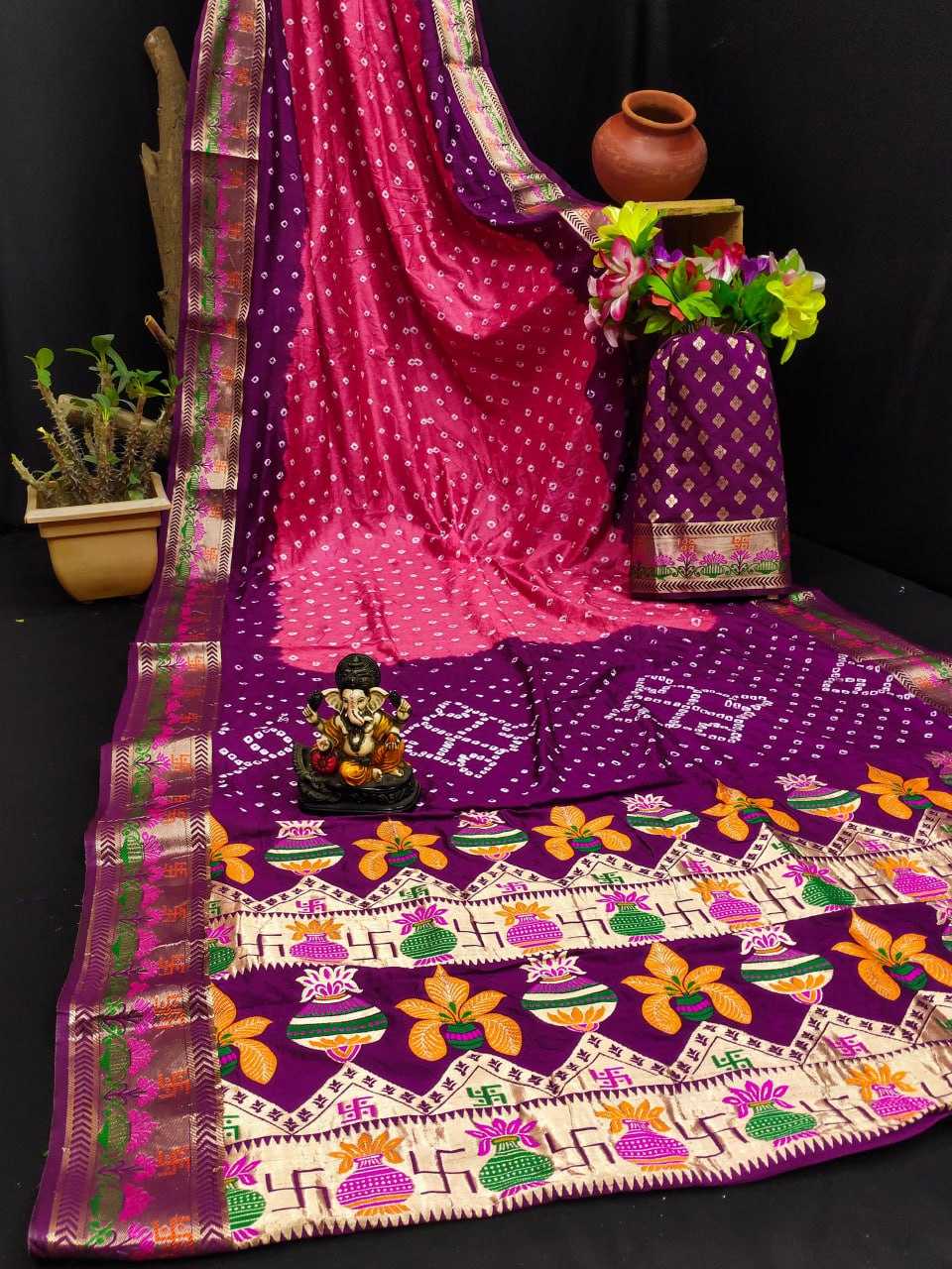 YNF BANDHANI SILK RIN183 SWASTIK SAREES WHOLESALE PRINTED BANDHANI BANDHEJ ZARI BORDER SAREES MANUFACTURER