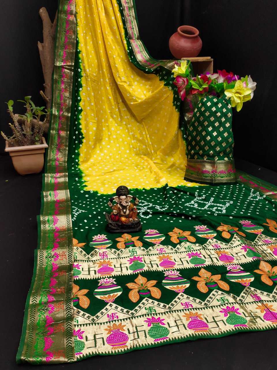 YNF BANDHANI SILK RIN183 SWASTIK SAREES WHOLESALE PRINTED BANDHANI BANDHEJ ZARI BORDER SAREES MANUFACTURER