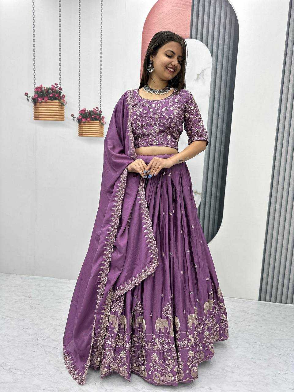 YNF CHINON KESH130 075 LEHENGAS WHOLESALE SILK WEDDING EMBROIDERED PURPLE LEHENGA WITH DUPTTA WEDDING LEHENGAS MANUFACTURER- Kapda Export