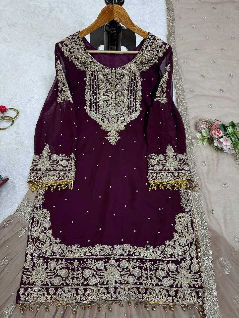 YNF GEORGETTE RIN133 1486 SUITS & DRESSES WHOLESALE GEORGETTE EMBROIDERY SHARARA SALWAR MAROON SALWAR SUITS MANUFACTURE- Kapda Export