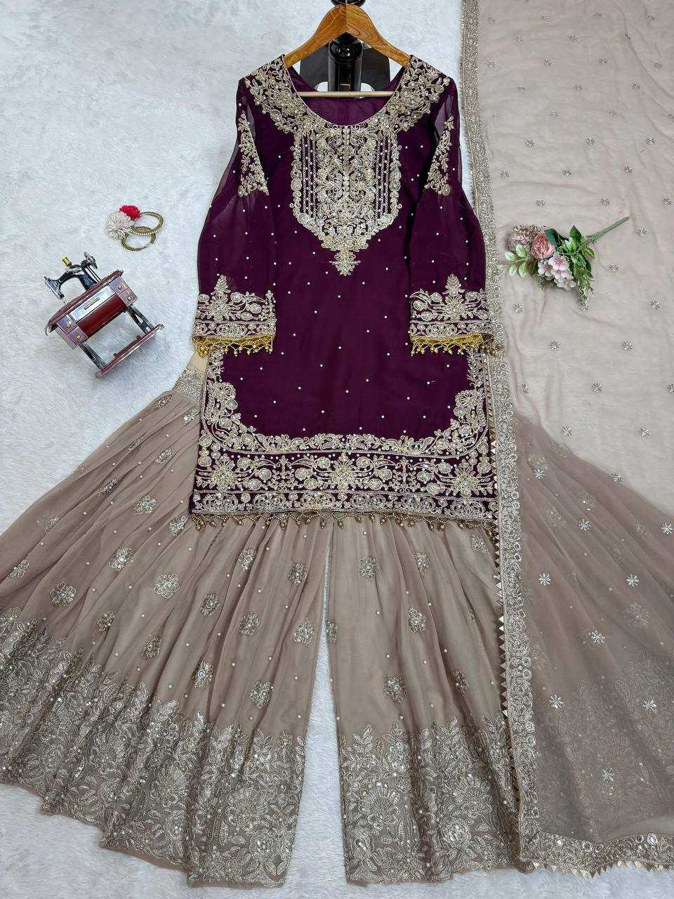 YNF GEORGETTE RIN133 1486 SUITS & DRESSES WHOLESALE GEORGETTE EMBROIDERY SHARARA SALWAR MAROON SALWAR SUITS MANUFACTURE- Kapda Export