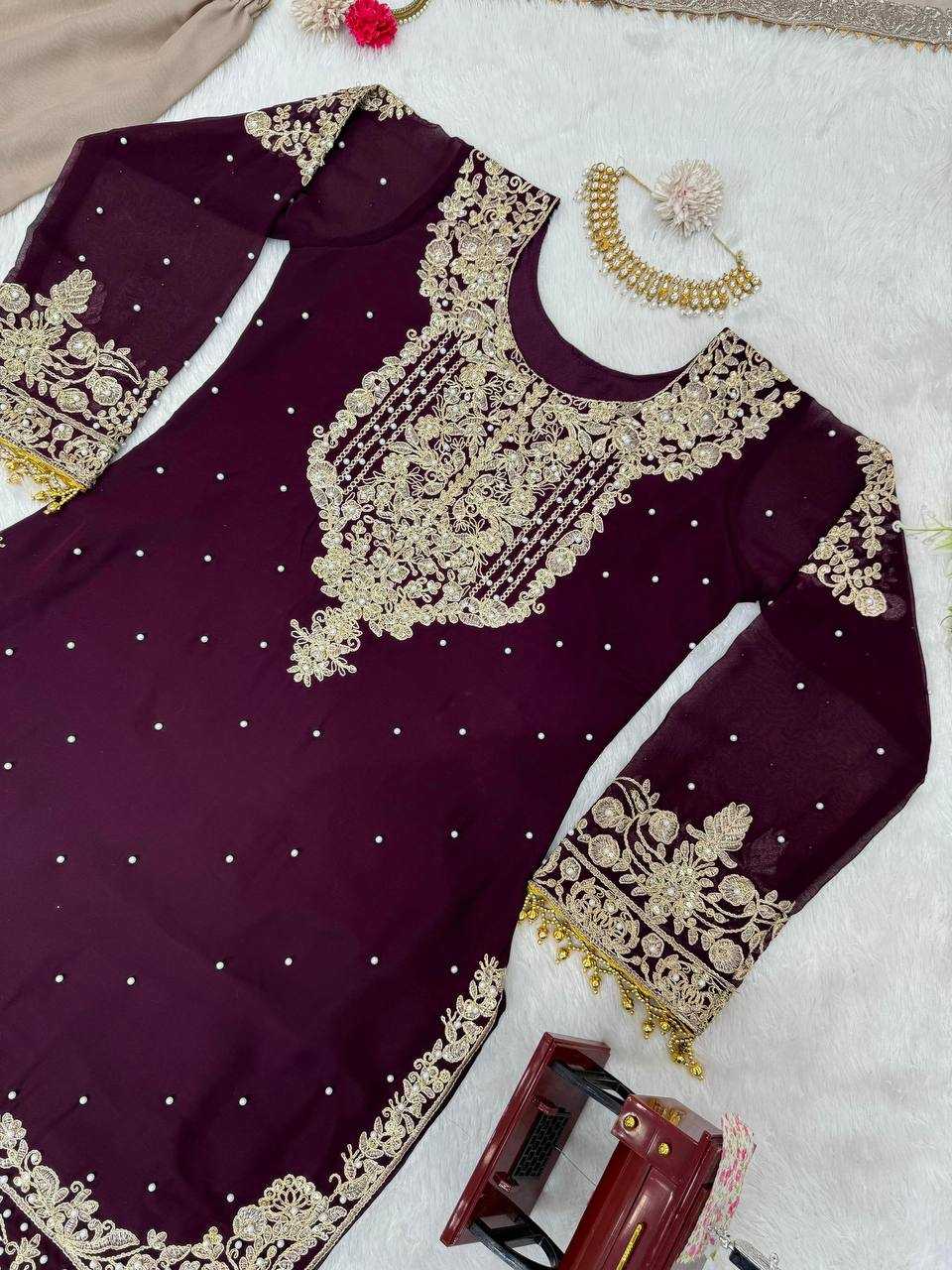YNF GEORGETTE RIN133 1486 SUITS & DRESSES WHOLESALE GEORGETTE EMBROIDERY SHARARA SALWAR MAROON SALWAR SUITS MANUFACTURE- Kapda Export