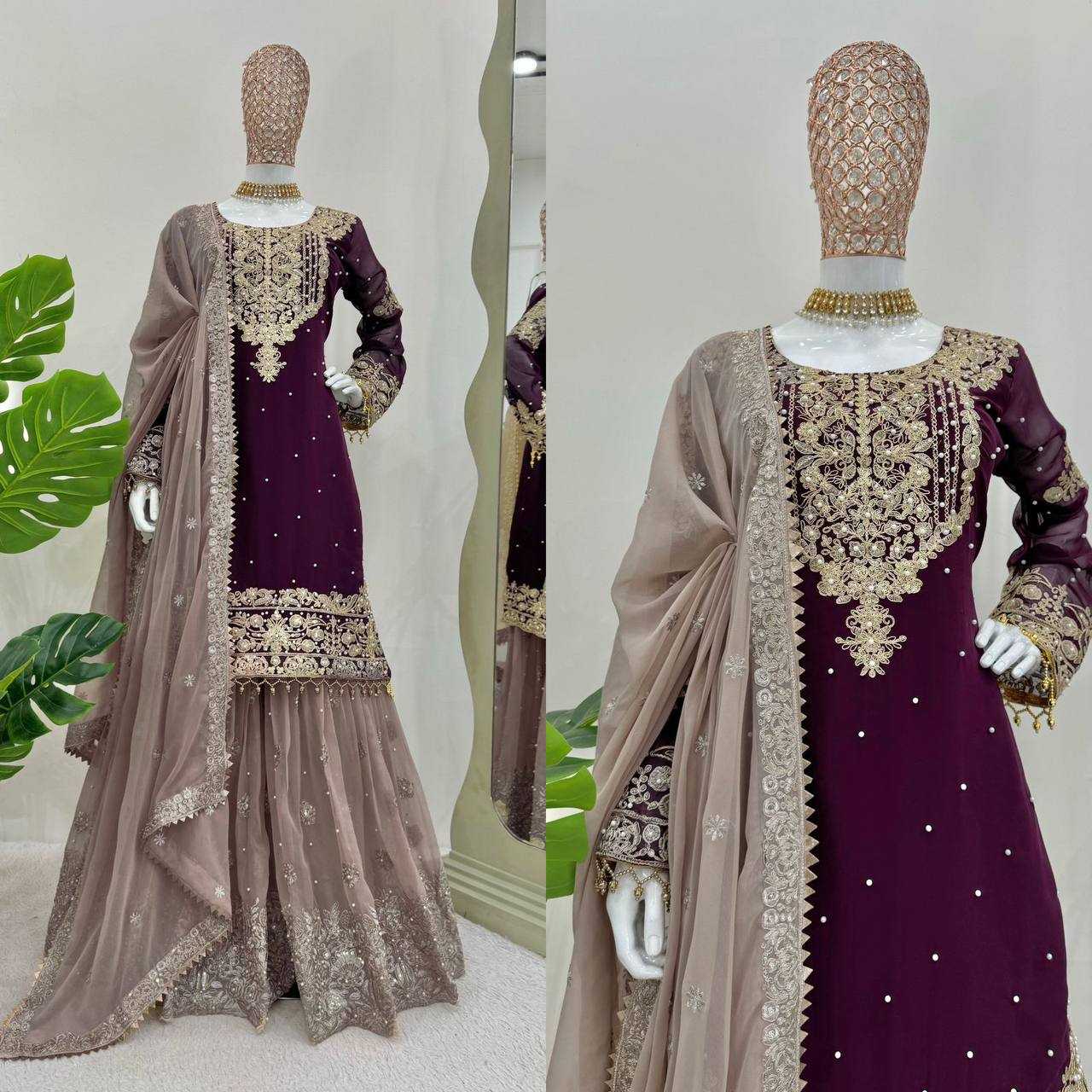 YNF GEORGETTE RIN133 1486 SUITS & DRESSES WHOLESALE GEORGETTE EMBROIDERY SHARARA SALWAR MAROON SALWAR SUITS MANUFACTURE- Kapda Export