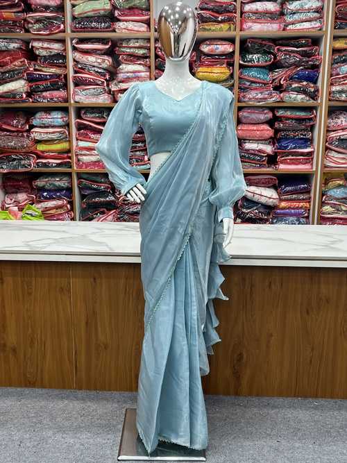 YNF JIMMY CHOO KESH229 42-B SAREES WHOLESALE READY TO WEAR JIMMY CHOO PRE DRAPED RUFFLE SAREES WITH BLOUSE ORGANZA SAREES MANUFACTURER